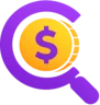 CreditCrunch logo. a purple magnifying glass observing a gold coin